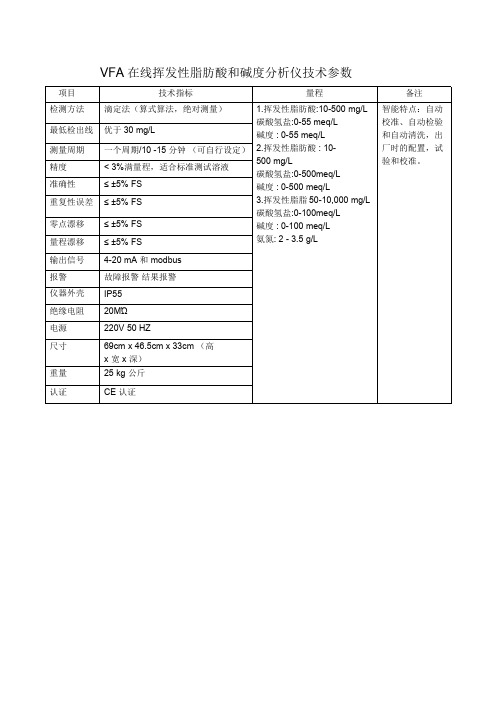 VFA在线挥发性脂肪酸和碱度分析仪技术参数