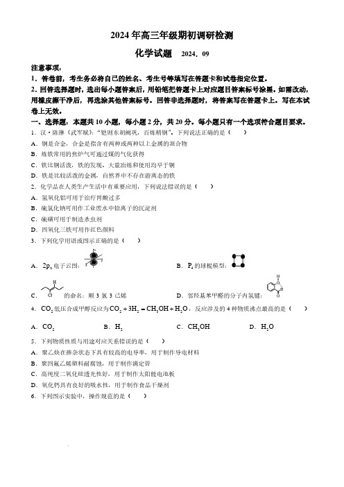 2025届青岛高三上学期期初调研检测化学试题+答案