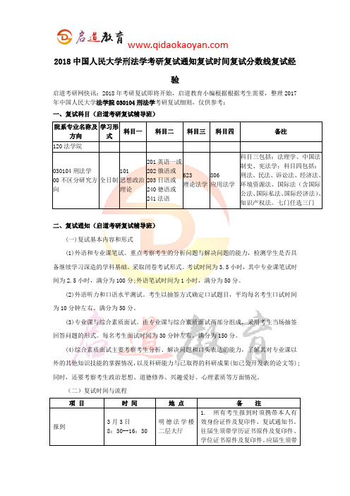 2018中国人民大学刑法学考研复试通知复试时间复试分数线复试经验