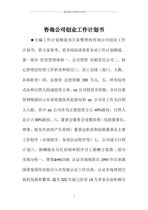 咨询公司创业精品工作计划书