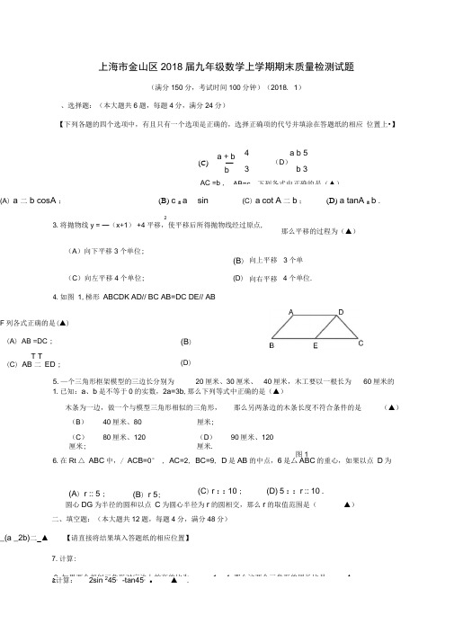 上海市金山区2018届九年级数学上学期期末质量检测试题沪科版