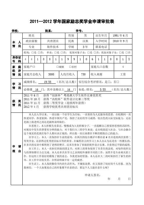 国家励志奖学金申请审批表