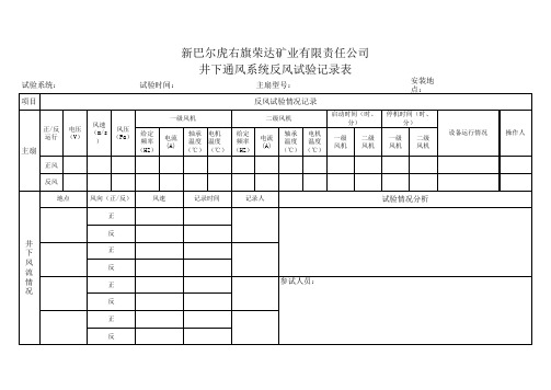 井下通风系统反风试验记录表