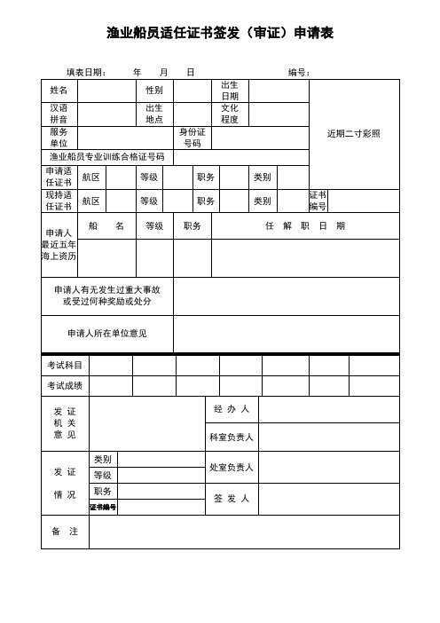 渔业船员适任证书签发审证申请表