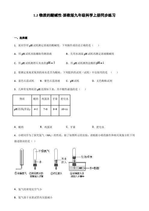 浙教版九年级科学上册1.2 物质的酸碱性 同步练习(含解析)