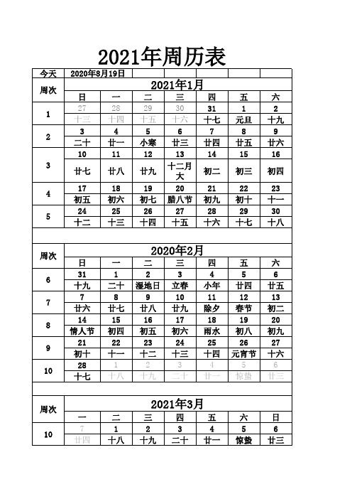 2021年周历表 竖版可编辑