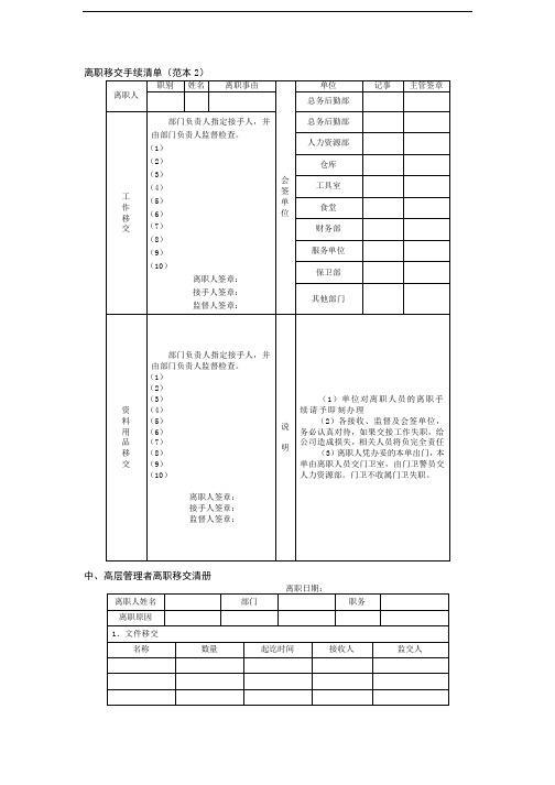 离职移交手续清单、中、高层管理者离职移交清册