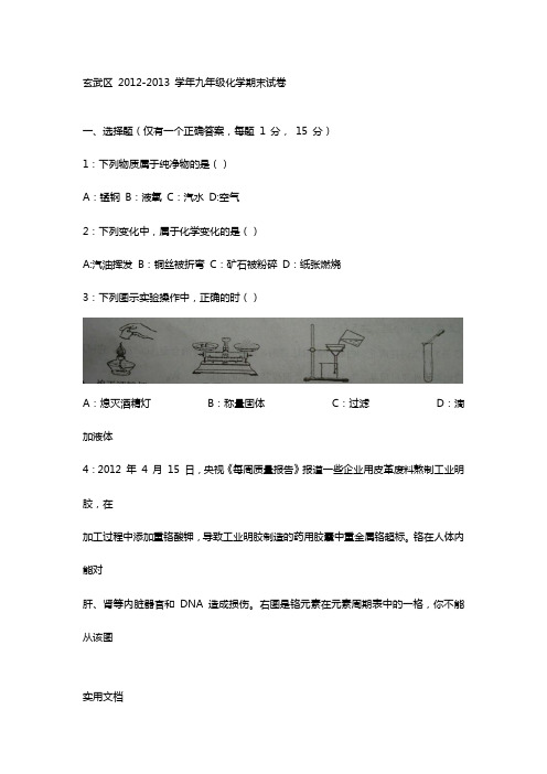 2012-2013江苏南京玄武区九年级第一学期期末化学试题