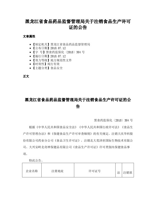 黑龙江省食品药品监督管理局关于注销食品生产许可证的公告