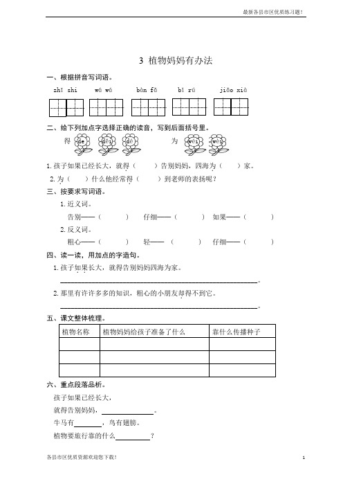 【优质资源】新人教版二年级上册3 植物妈妈有办法 课时练习(含答案)(全新)