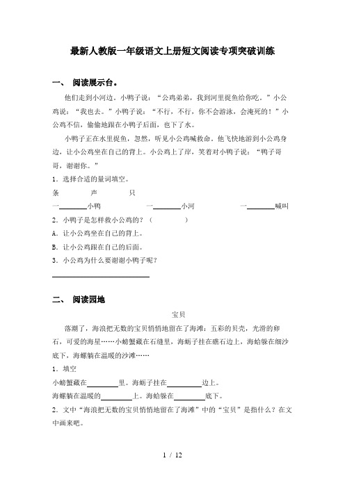 最新人教版一年级语文上册短文阅读专项突破训练