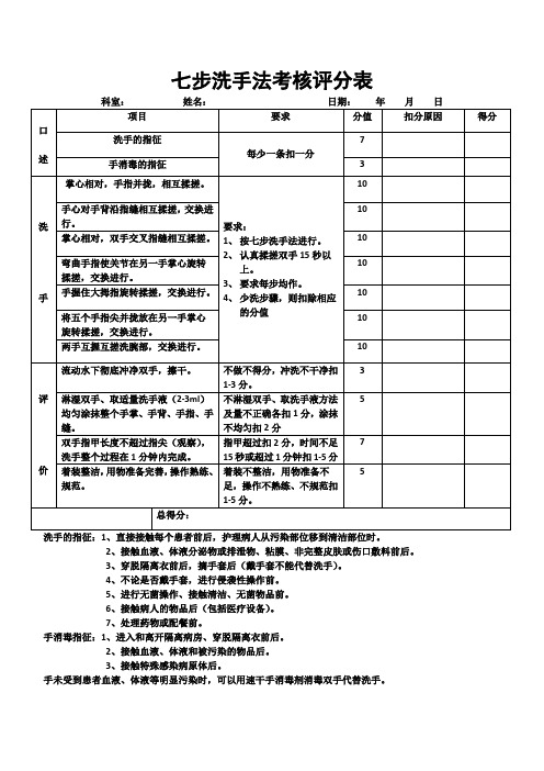 七步洗手法考核评分表