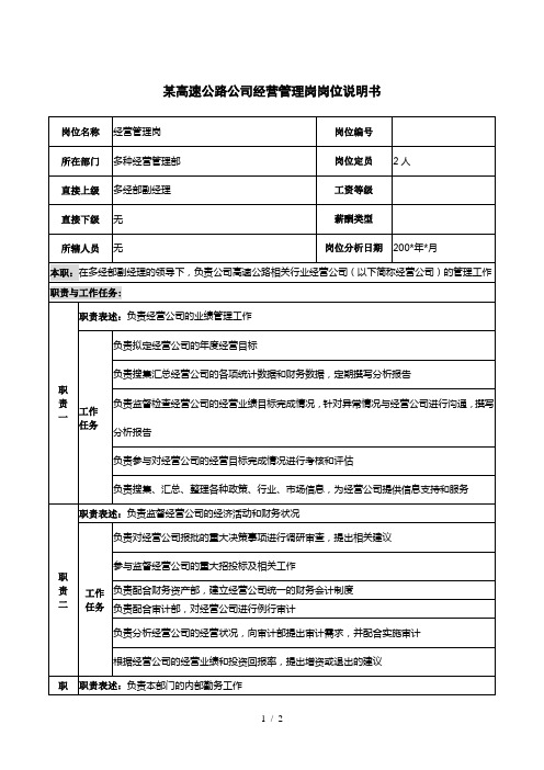 某高速公路公司经营管理岗岗位说明书