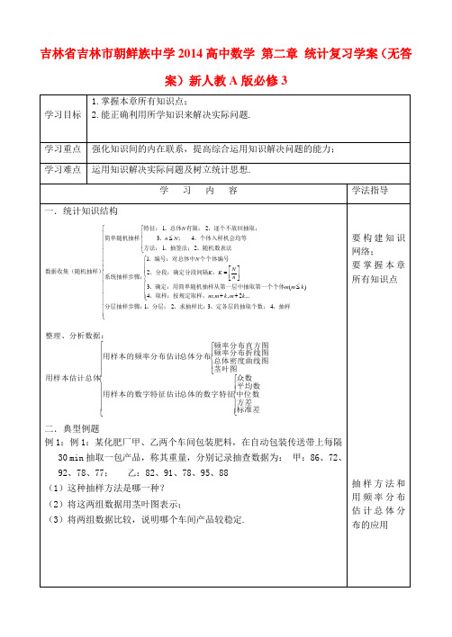 吉林省吉林市朝鲜族中学高中数学 第二章 统计复习学案(无答案)新人教A版必修3