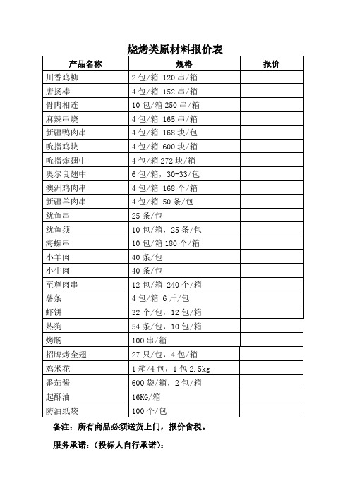 烧烤类原材料报价表