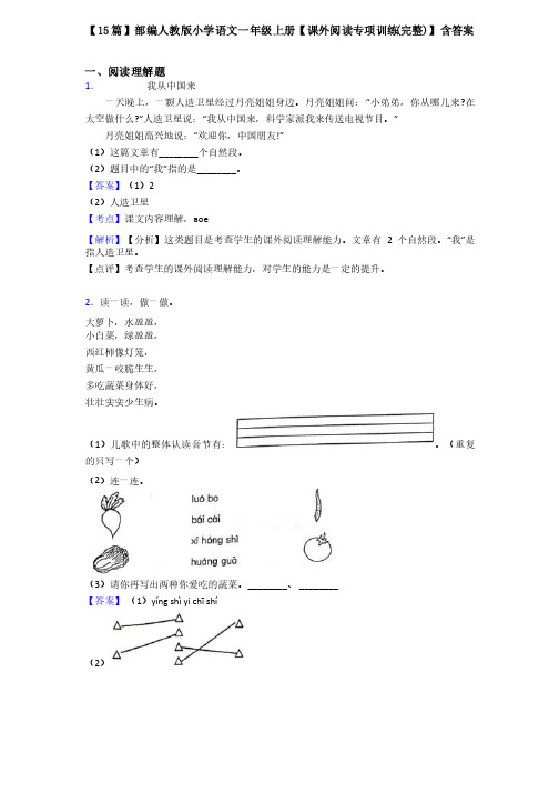 【15篇】部编人教版小学语文一年级上册【课外阅读专项训练（完整）】含答案