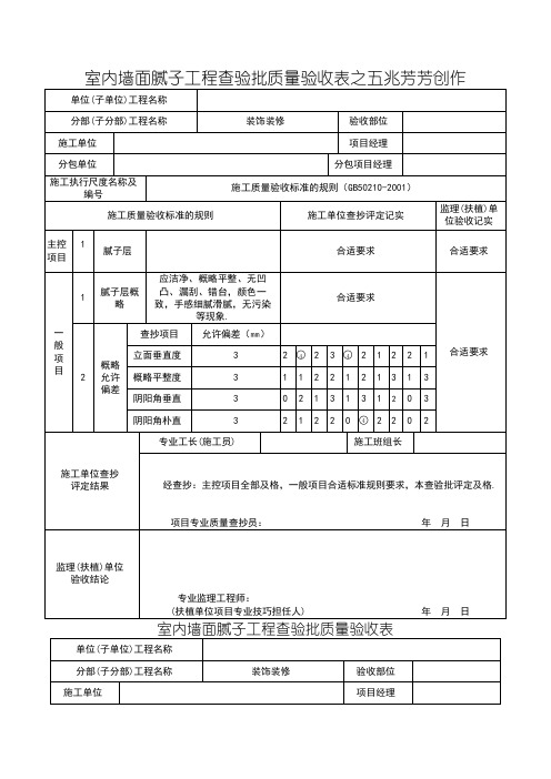 室内墙面腻子工程检验批质量验收表1