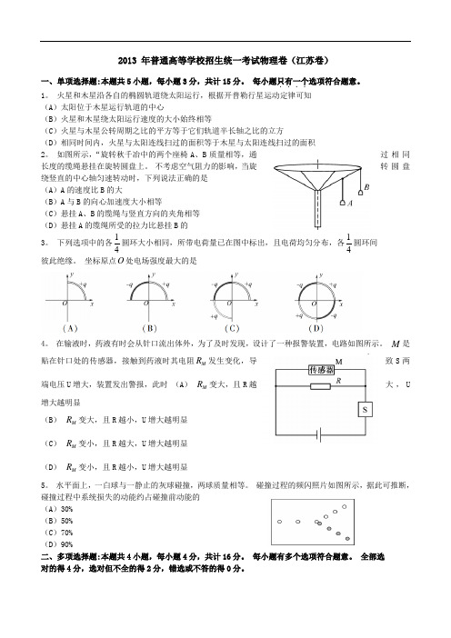 2013 年普通高等学校招生统一考试物理卷(江苏卷)