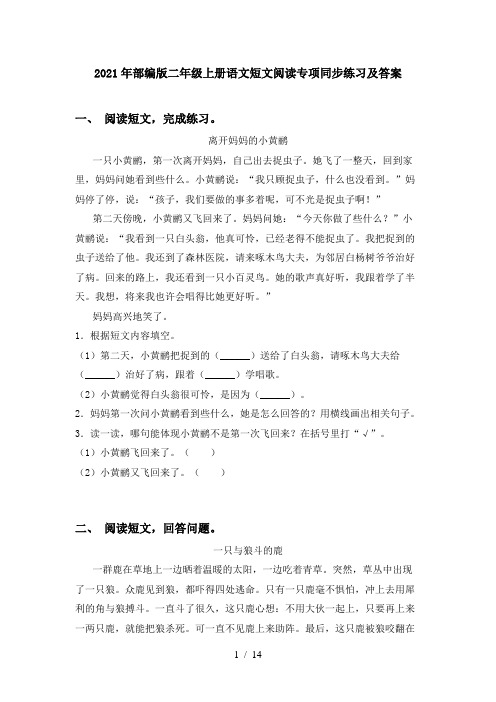 2021年部编版二年级上册语文短文阅读专项同步练习及答案