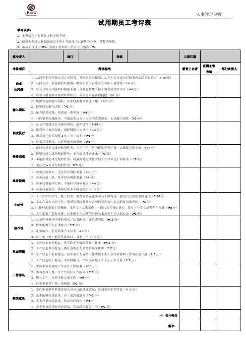 试用期员工绩效考核表