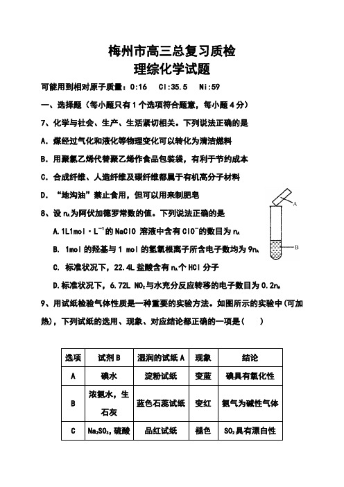 2017届广东省梅州市高三第二学期总复习质检化学试卷及答案