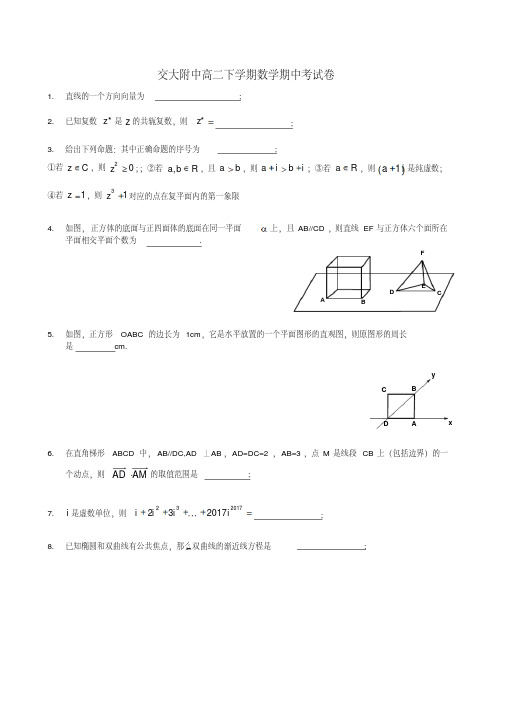 【全国百强校】上海交通大学附属中学2016-2017学年高二下学期期中考试数学试题