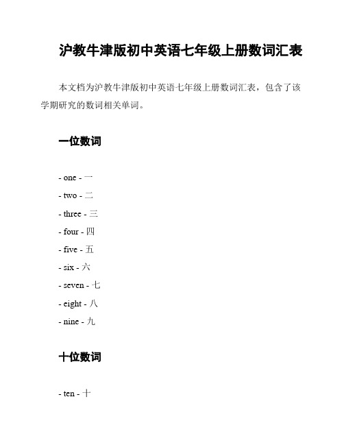 沪教牛津版初中英语七年级上册数词汇表