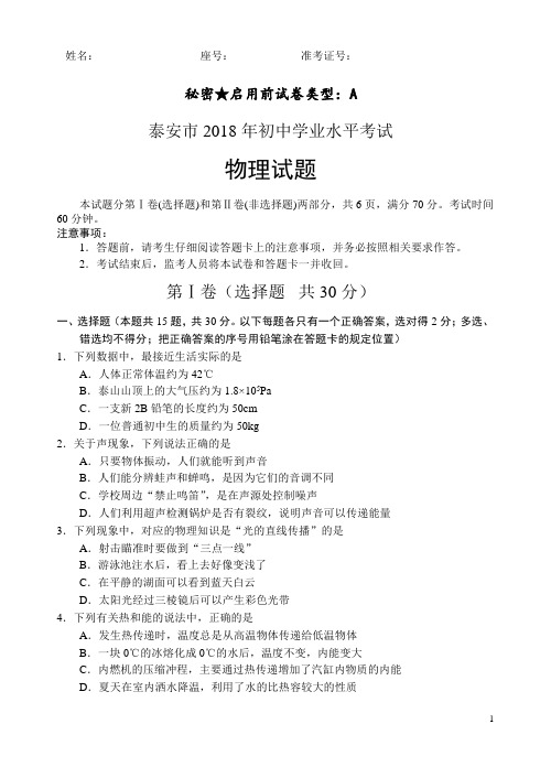 2018年山东泰安中考物理试题及其答案