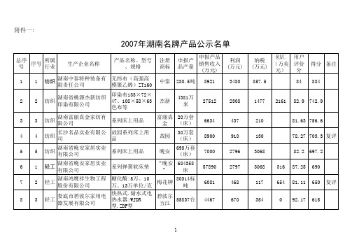 2007年湖南名牌产品公示名单