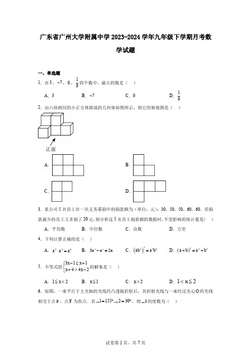 广东省广州大学附属中学2023-2024学年九年级下学期月考数学试题