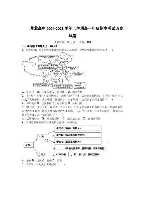 黑龙江省鹤岗市萝北高中2024-2025学年上学期高一年级期中考试历史试题(无答案)