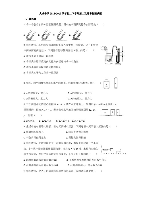 广东省湛江市大成中学2016-2017学年初二下学期第二次月考物理试题