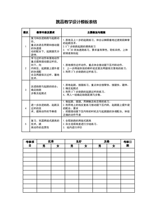 跳高教学设计模板表格