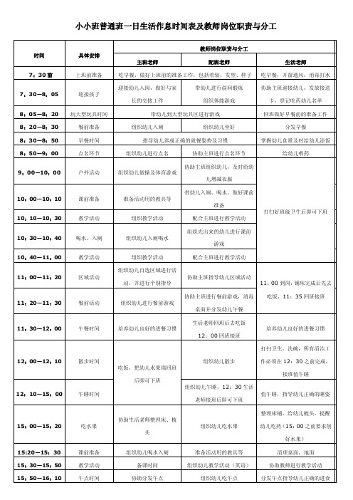 小小班普通班一日生活作息时间表及教师岗位职责与分工