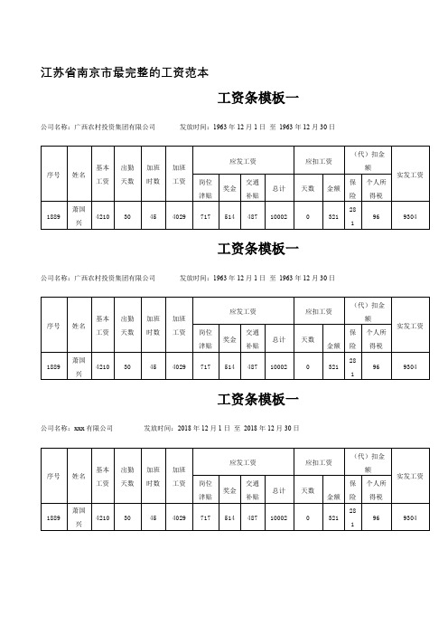 江苏省南京市最完整的工资范本