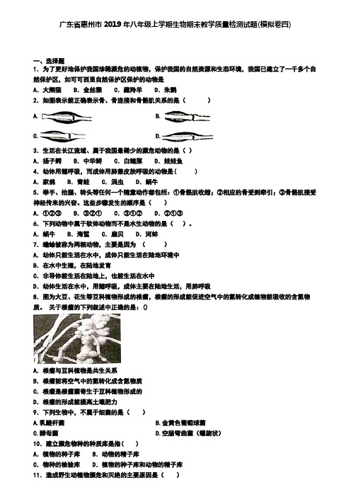 广东省惠州市2019年八年级上学期生物期末教学质量检测试题(模拟卷四)