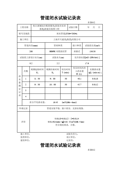 管道闭水实验记录表