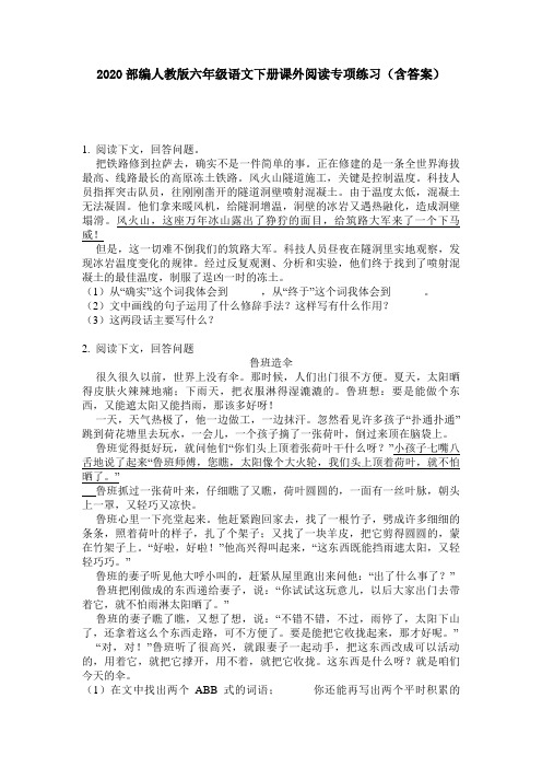 2020部编人教版六年级语文下册课外阅读专项练习(含答案)