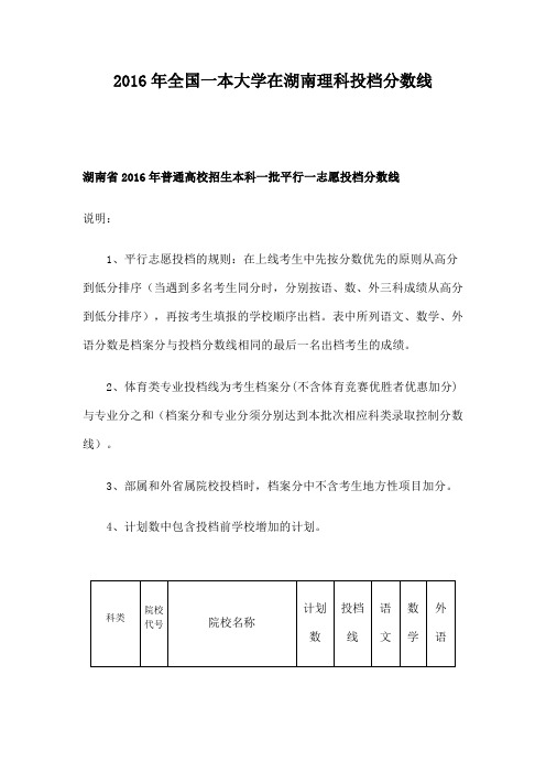 全国一本大学在湖南理科投档分数线