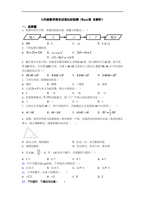 七年级数学期末试卷达标检测(Word版 含解析)