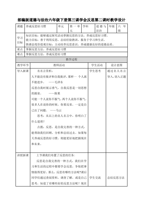 统编人教部编版小学六年级下册道德与法治学会反思第二课时教学设计