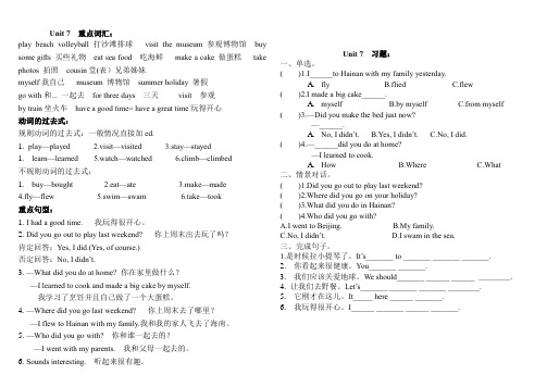 陕旅版小学六年级上册英语Unit 7  重点词汇