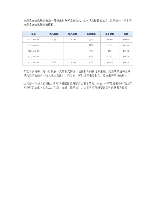 家庭收支情况统计表