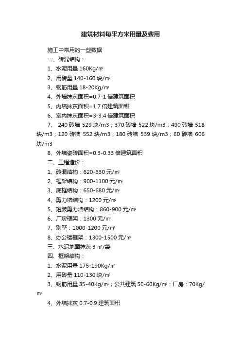 建筑材料每平方米用量及费用