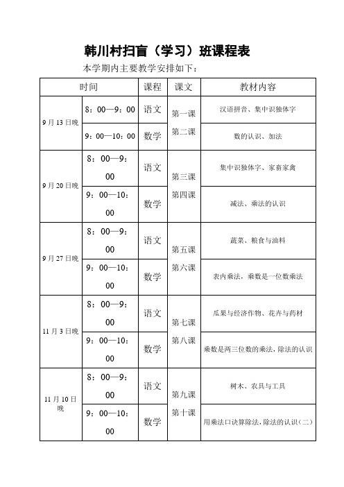 韩川村扫盲(学习)班教学计划