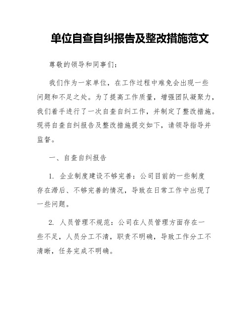 单位自查自纠报告及整改措施范文