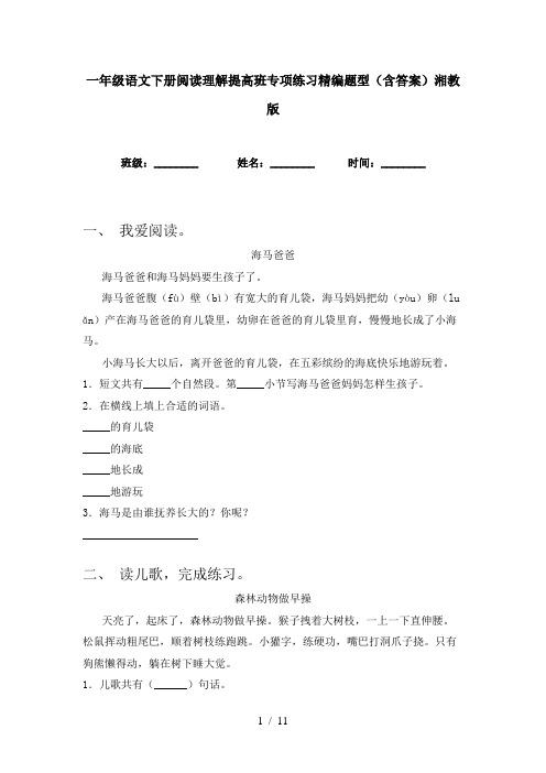 一年级语文下册阅读理解提高班专项练习精编题型(含答案)湘教版