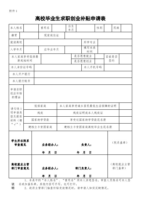 高校毕业生求职创业补贴申请表