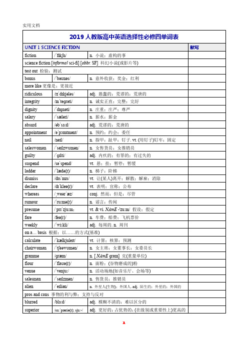 2019人教版高中英语选择性必修四单词表