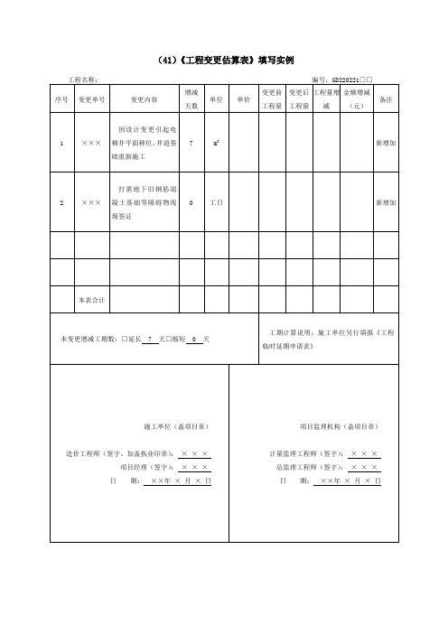 《工程变更估算表》填写实例